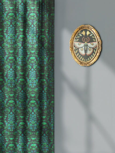 Sheer curtain panel featuring repeating emerald green hamsa hands with blue botanical elements on dark background. Linen-textured polyester fabric filters light beautifully while providing elegant window covering with protective symbolism for bohemian or Victorian interiors.